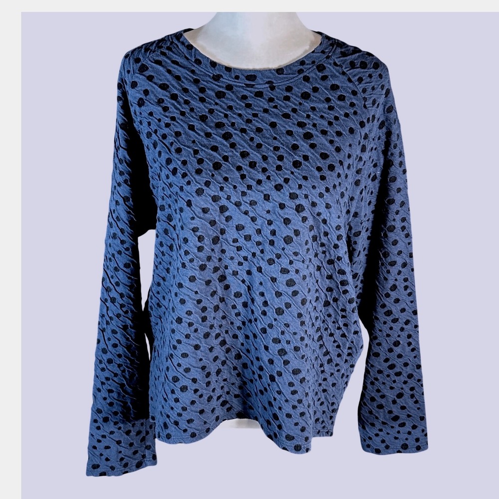 Chalet et ceci Top Women Medium Navy Blue Polka Dot Crinkle Textured Long Sleeve